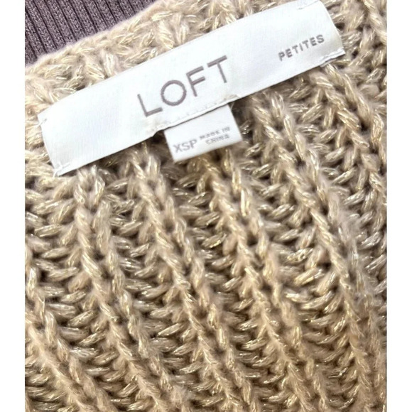 Loft Tan Metallic V Neck Chunky Knit Sweater XSP Petite - Picture 4 of 5